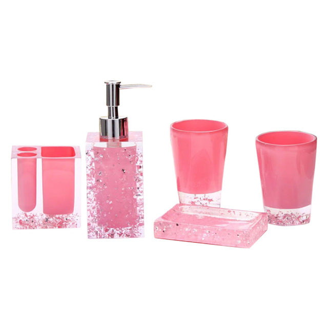 1set Of 4pcs 350ml Simple Pink Bathroom Accessories Set, Lotion  Bottle/mouthwash Cup/toothbrush Holder/soap Dish